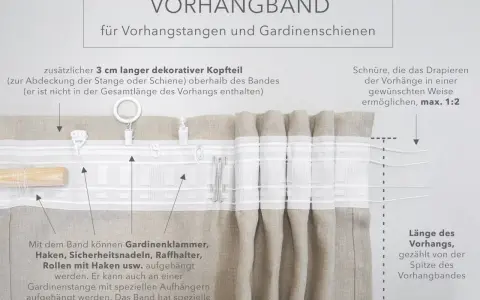 Nahaufnahme eines Gardinenbandes mit Haken und Schnüren zur Aufhängung von Vorhängen.