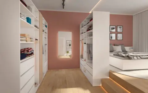 Ein moderner begehbarer Kleiderschrank, der sich gut zum selber bauen eignet. Offene Regale und Schubladen bieten viel Stauraum für Kleidung.