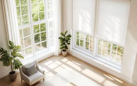 Helle Fenstergestaltung im Wohnzimmer ohne Gardinen. Sonnenschein fällt durch große Fenster auf Holzboden. Pflanzen und Sessel schaffen Gemütlichkeit.