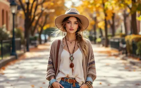 Frau im Fedora-Hut und Strickjacke mit boho Muster, lässiger Herbst-Look.
