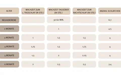 Tabelle zeigt Schlafzeiten für Babys. Für babyschlaf 3 monate: 1 Std. Tagschlaf, 1,5 Std. Nachtschlaf, 4 Schläfchen.