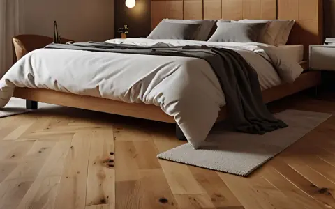 Ein gemütliches Schlafzimmer mit einem Holzbett und einem warmen, natürlichen **bodenbelag schlafzimmer** im Fischgrätmuster.