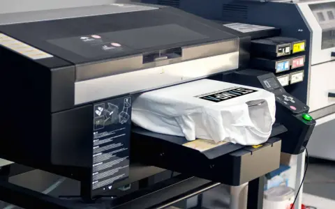 Moderne Maschine für den **digitaldruck textil**. Eine weiße T-Shirt wird bedruckt mit schwarzem Text.