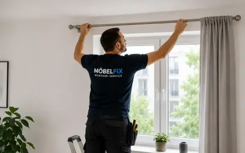 Mann montiert eine Gardinenstange über einem Fenster. Er steht auf einer Leiter und richtet die Stange aus, bevor er sie bohrt.
