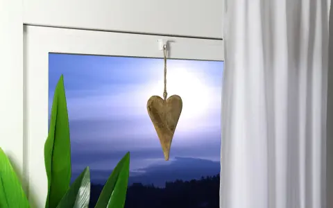 Holzherz hängt an einer Schnur, um die Gardinenstange zu dekorieren. Grüne Blätter und ein dramatischer Himmel im Hintergrund.