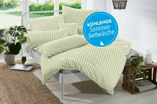 Kühlende Bettwäsche aus Rayon-Stoff, ideal gegen Schwitzen im Sommer. Gestreiftes Design in Grün und Weiß.