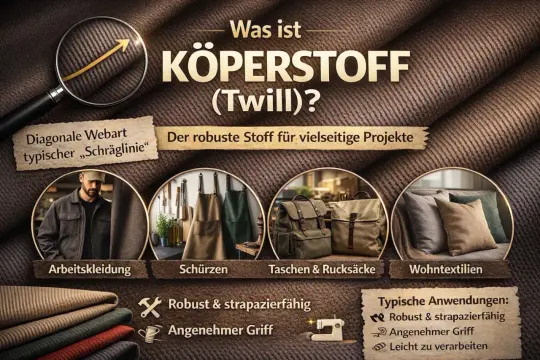 Körperstoff (Twill) mit diagonaler Webart, robust & strapazierfähig. Ideal für Arbeitskleidung, Schürzen, Taschen, Rucksäcke & Wohntextilien.