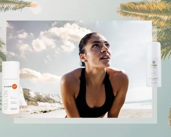 Sportlerin schwitzt, aber dank des Roll-Ons aus dem Acetat-Stoff bleibt sie frisch. Palmen und Strand im Hintergrund.