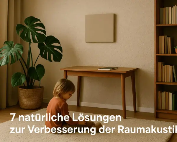 Ein Kind sitzt auf einem Teppich vor einem Schreibtisch. Eine Monstera-Pflanze und ein Bücherregal sind im Raum zu sehen. Eine Wandplatte hilft, Schall zu schlucken.