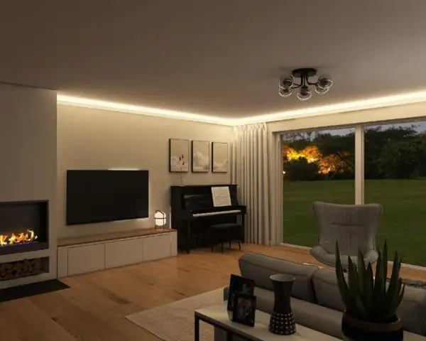 Gemütliches Wohnzimmer mit Kamin, Klavier und Blick ins Grüne. Tolle wohnzimmer einrichten ideen für ein stilvolles Zuhause.