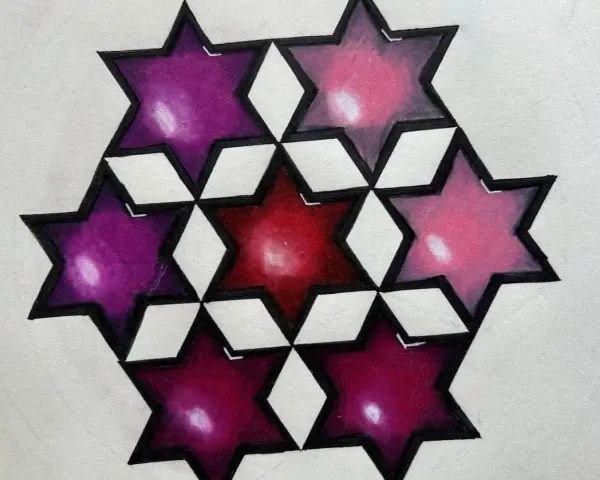 Sieben Sterne in Lila-, Rot- und Rosatönen bilden ein Muster, das an einen tri hexagon erinnert.