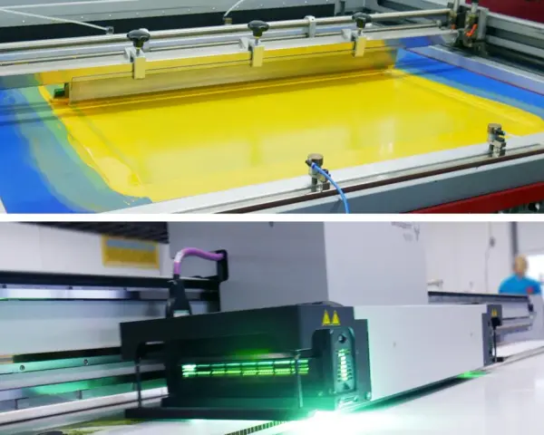 Oben: Siebdruck mit gelber Farbe auf blauem Untergrund. Unten: moderner Digitaldrucker mit grüner Beleuchtung.
