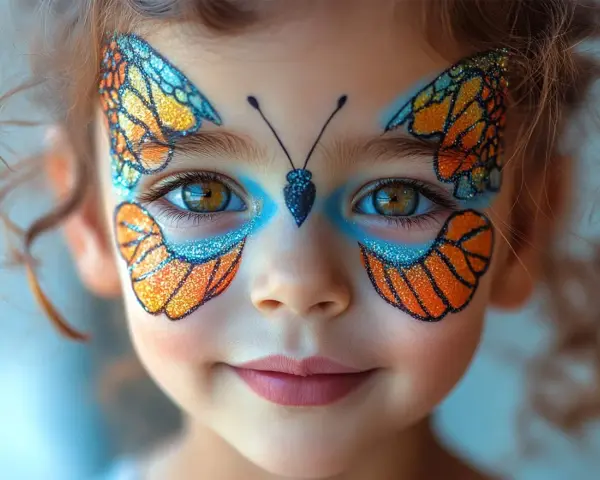 Ein Kind mit einem funkelnden Schmetterling Muster im Gesicht. Die Flügel sind orange und blau, mit Glitzer verziert.
