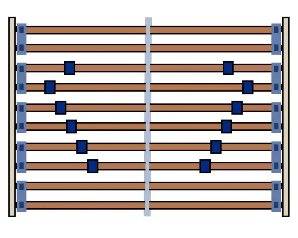 Holzlattenrost mit blauen Schiebern zur individuellen lattenrost einstellen.