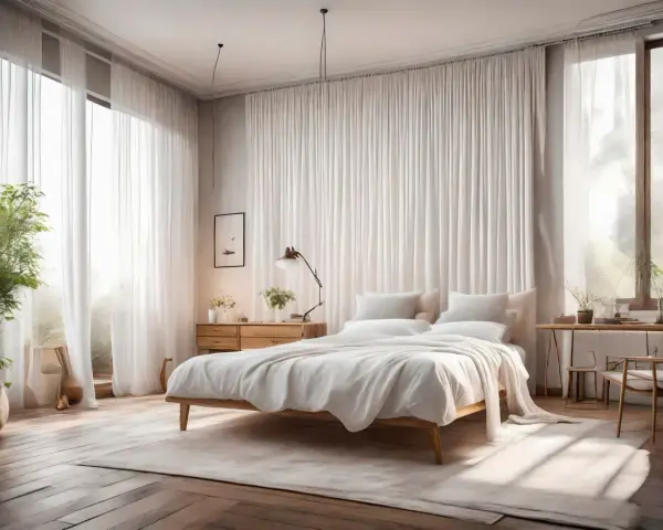 Helle, fließende Gardinen formen eine sanfte Umrandung für ein minimalistisches Schlafzimmer mit einem weißen Bett und Holzboden.
