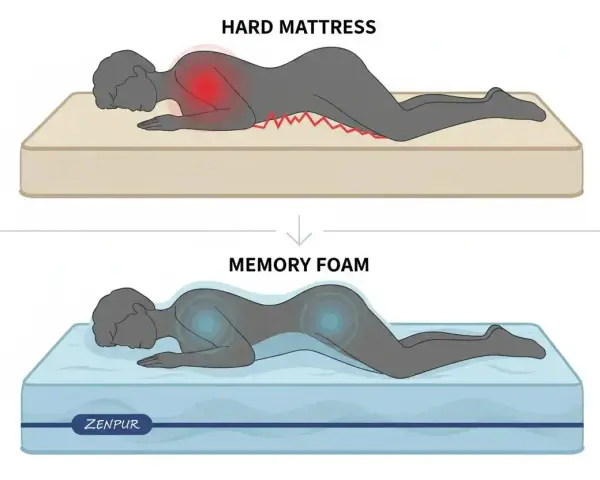 Harte Matratze verursacht Schulterschmerzen bei Bauchschläfern. Memory Foam passt sich an und verteilt den Druck besser.