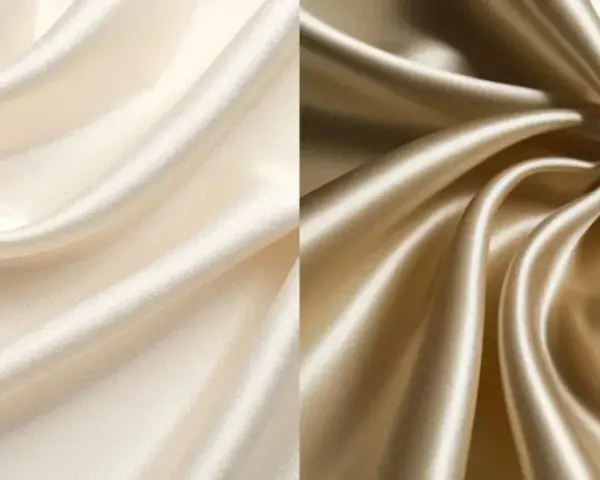 Zwei Stoffbahnen in Creme und Gold, die die glatte, glänzende Textur von Satin zeigen.