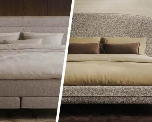 Vergleich: Unterschied Boxspringbett und Polsterbett. Links ein Boxspringbett mit Sockel, rechts ein Polsterbett mit Füßen.
