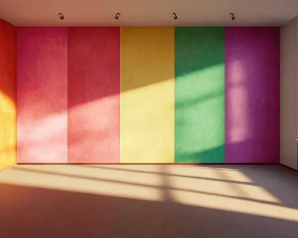 Leeres Zimmer mit bunten Wänden, die abstrakte Muster bilden. Sonnenlicht fällt durch ein Fenster und wirft Schatten.