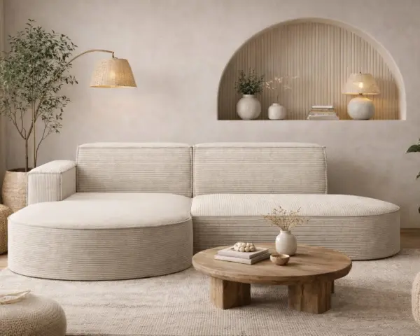 Ein gemütliches, beigefarbenes **Ecksofa mitten im Raum** lädt zum Entspannen ein. Ein runder Holztisch und ein Teppich vervollständigen das Bild.