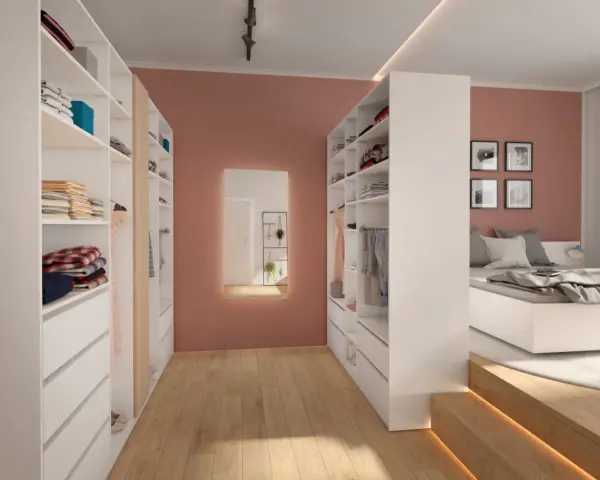 Ein moderner begehbarer Kleiderschrank, der sich gut zum selber bauen eignet. Offene Regale und Schubladen bieten viel Stauraum für Kleidung.