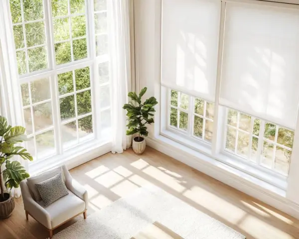 Helle Fenstergestaltung im Wohnzimmer ohne Gardinen. Sonnenschein fällt durch große Fenster auf Holzboden. Pflanzen und Sessel schaffen Gemütlichkeit.