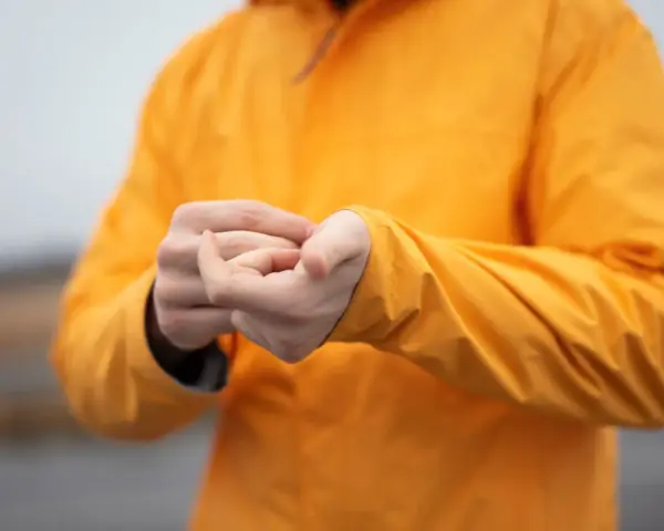 Person reibt sich die Hände unter einer leuchtend orangen Jacke. Ist Polyester warm? Ja, diese Jacke hält warm.