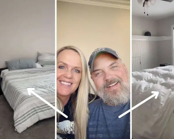Ein Paar lächelt in die Kamera, während weiße Pfeile auf zwei getrennte Schlafzimmer mit ordentlichen Betten zeigen.