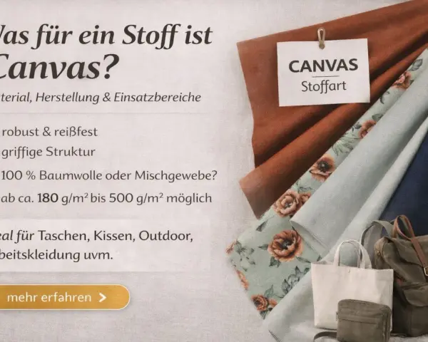 Canvas Stoffart: robust, reißfest, griffige Struktur, 100% Baumwolle/Mischgewebe, 180-500 g/m². Ideal für Taschen, Kissen, Outdoor.