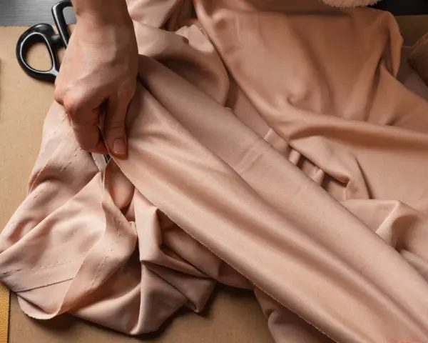 Eine Hand prüft den Fall eines fließenden Stoffes aus Viskose Polyester. Nadeln, Schere und Garn liegen bereit.