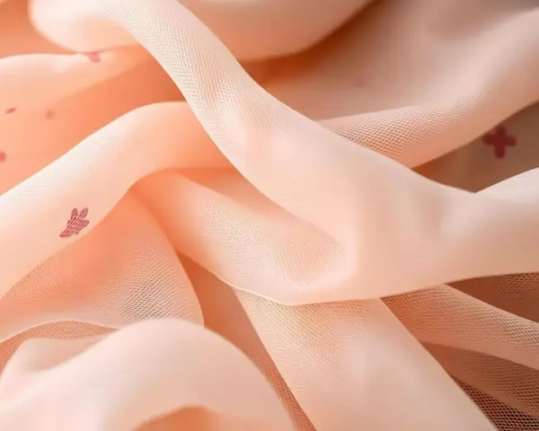 Zartes, pfirsichfarbenes Mesh-Textil mit kleinen, roten Herzchen-Mustern, das sanft fällt und glänzt.