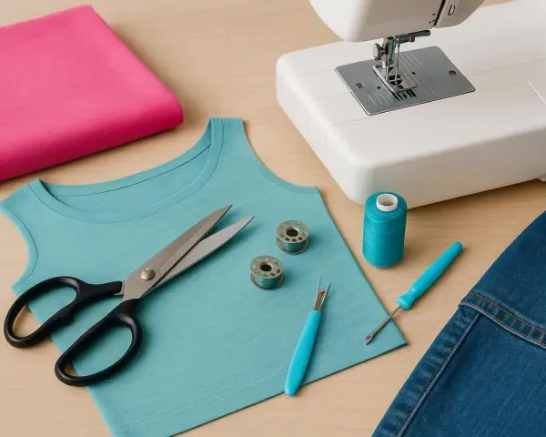 Nähutensilien liegen bereit: Stoffe, Schere, Nähmaschine und Garn. Perfekt für einen neuen Jersey-Stich.