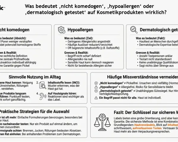 Hypoallergen bedeutet, dass das Risiko allergischer Reaktionen reduziert werden soll. Es ist aber kein Garant für Allergiefreiheit, da sensible Haut trotzdem reagieren kann.