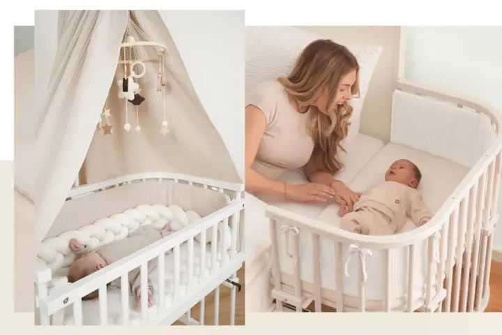 Ein Babybett neben dem Elternbett. Ein süßer Säugling schläft friedlich, während eine Mutter ihr Neugeborenes im Arm hält.