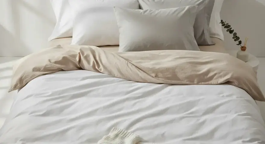 Ein Bett mit weißer und sandfarbener Bettwäsche aus Satin-Baumwolle. Mehrere Kissen liegen auf dem Bett.