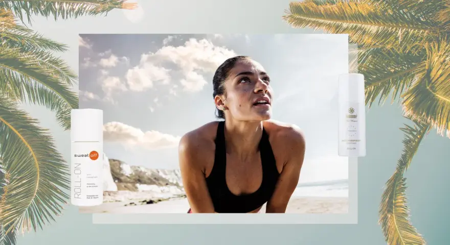 Sportlerin schwitzt, aber dank des Roll-Ons aus dem Acetat-Stoff bleibt sie frisch. Palmen und Strand im Hintergrund.