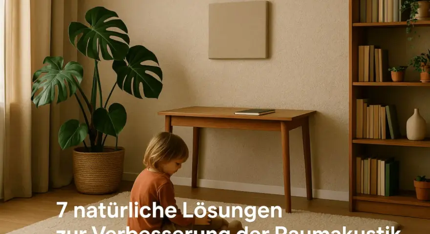 Ein Kind sitzt auf einem Teppich vor einem Schreibtisch. Eine Monstera-Pflanze und ein Bücherregal sind im Raum zu sehen. Eine Wandplatte hilft, Schall zu schlucken.