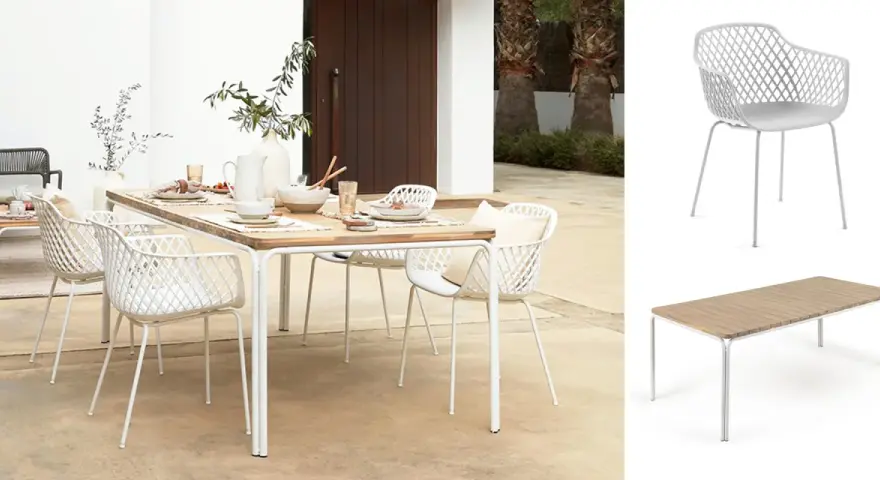 Welcher Stuhl passt zu welchem Tisch? Ein weißer Rattanstuhl mit Armlehnen und ein rechteckiger Holztisch mit Metallgestell.