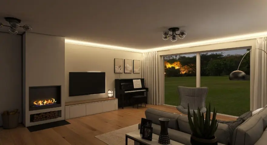 Gemütliches Wohnzimmer mit Kamin, Klavier und Blick ins Grüne. Tolle wohnzimmer einrichten ideen für ein stilvolles Zuhause.