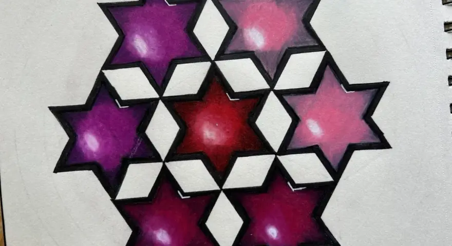Sieben Sterne in Lila-, Rot- und Rosatönen bilden ein Muster, das an einen tri hexagon erinnert.