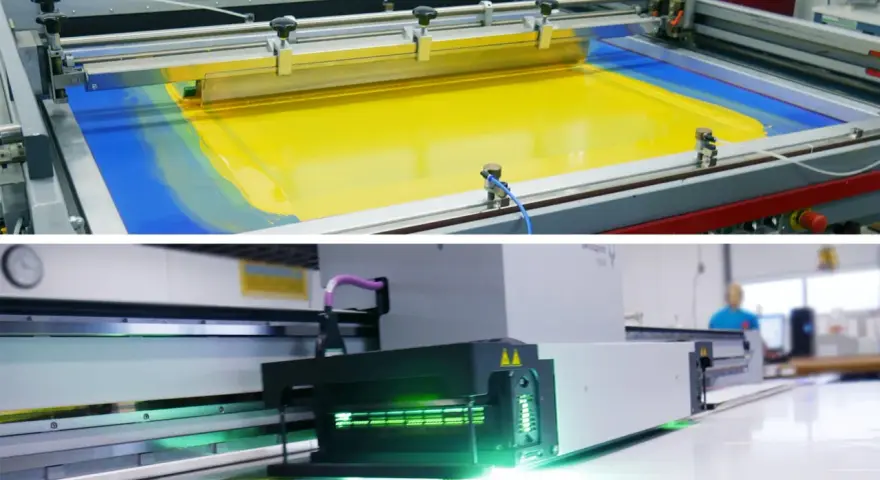 Oben: Siebdruck mit gelber Farbe auf blauem Untergrund. Unten: moderner Digitaldrucker mit grüner Beleuchtung.