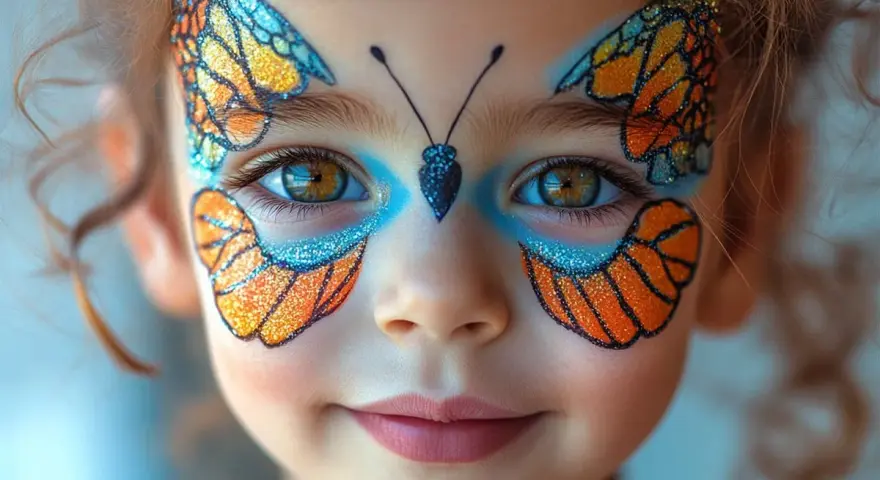 Ein Kind mit einem funkelnden Schmetterling Muster im Gesicht. Die Flügel sind orange und blau, mit Glitzer verziert.