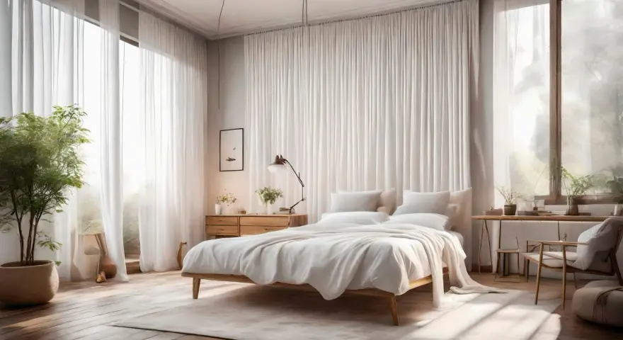 Helle, fließende Gardinen formen eine sanfte Umrandung für ein minimalistisches Schlafzimmer mit einem weißen Bett und Holzboden.