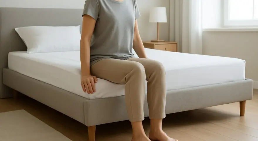 Frau sitzt auf einem Bett. Die Höhe der Matratze ist entscheidend, wie hoch sollte eine Matratze sein für optimalen Komfort.