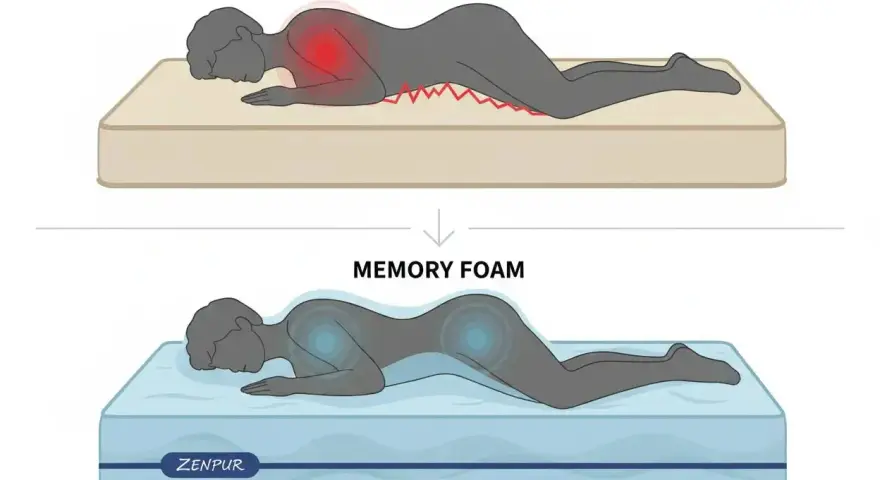 Harte Matratze verursacht Schulterschmerzen bei Bauchschläfern. Memory Foam passt sich an und verteilt den Druck besser.