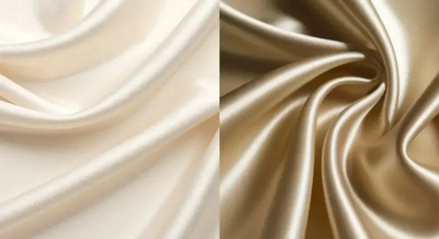 Zwei Stoffbahnen in Creme und Gold, die die glatte, glänzende Textur von Satin zeigen.