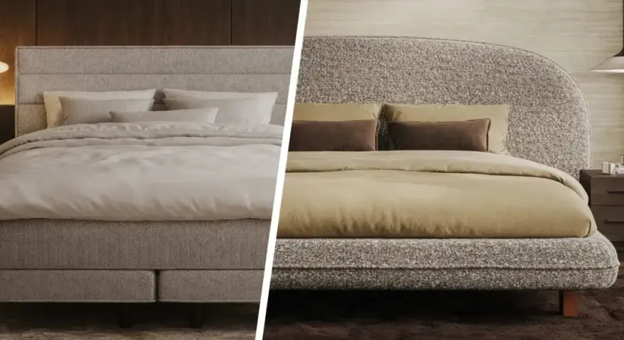 Vergleich: Unterschied Boxspringbett und Polsterbett. Links ein Boxspringbett mit Sockel, rechts ein Polsterbett mit Füßen.