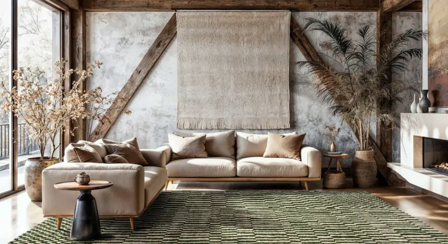 Grüner Teppich mit geometrischem Muster ist dunkler als die helle Couch. Rustikales Wohnzimmer mit Holzbalken und Kamin.