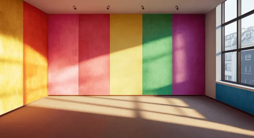 Leeres Zimmer mit bunten Wänden, die abstrakte Muster bilden. Sonnenlicht fällt durch ein Fenster und wirft Schatten.
