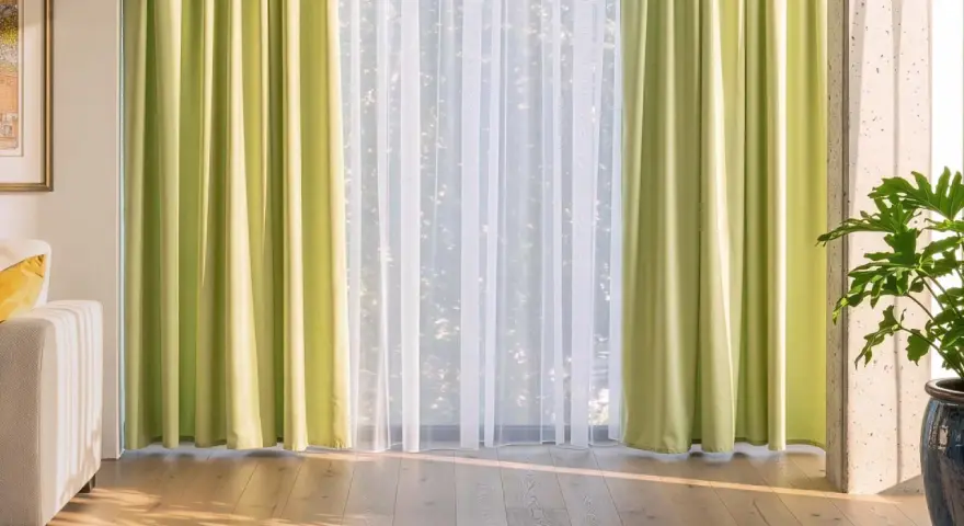 Helle, grüne Gardinen und zarter weiße Stores schmücken das Fenster. Diese Gardinen dekorieren den Raum und lassen viel Licht herein.